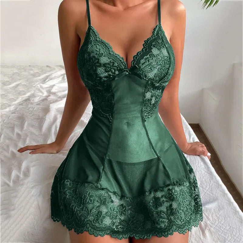 Ladies Spaghetti Strap Nightdress Deep V Neck Sheer Mesh Panel Lace Babydoll Backless Tulle Pajama Exotic Robe Dress