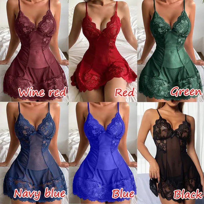 Ladies Spaghetti Strap Nightdress Deep V Neck Sheer Mesh Panel Lace Babydoll Backless Tulle Pajama Exotic Robe Dress