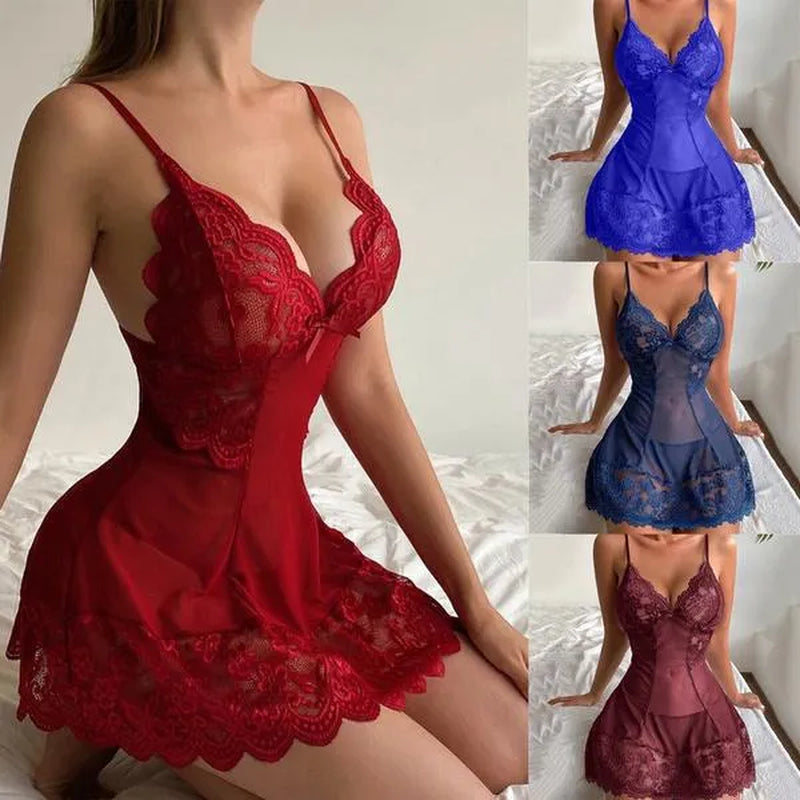 Ladies Spaghetti Strap Nightdress Deep V Neck Sheer Mesh Panel Lace Babydoll Backless Tulle Pajama Exotic Robe Dress